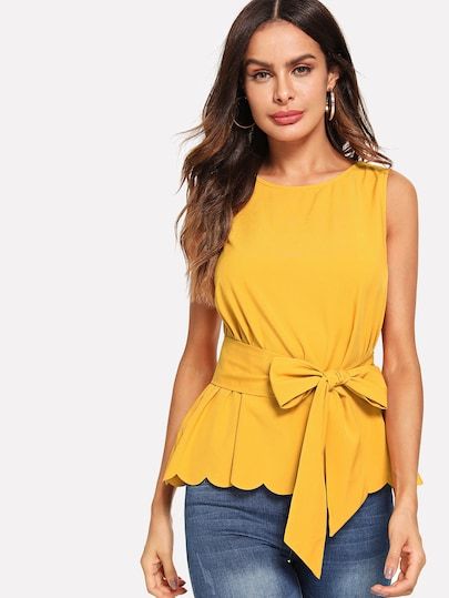 SHEIN Scallop Hem Self Belted Shell Top | Tops, Plus size women .