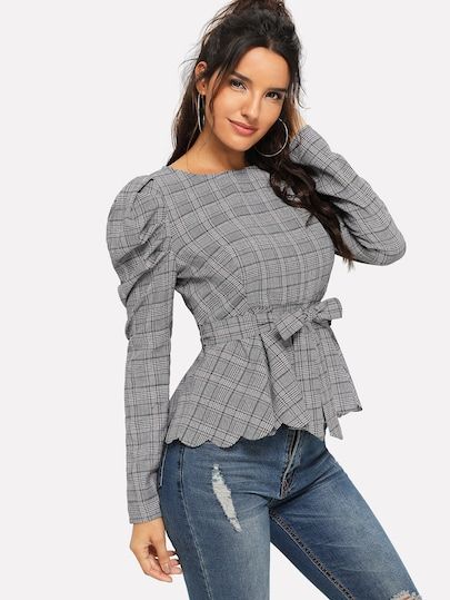 SHEIN Puff Sleeve Scallop Glen Plaid Belted Blouse | Latest .