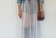 Sheer skirt, Denim button down, and sling purse. | Sheer fashion .