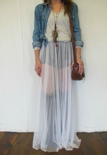 Sheer skirt, Denim button down, and sling purse. | Sheer fashion .