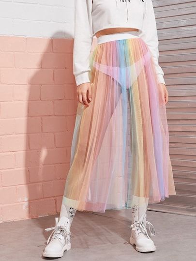 Product name: Elastic Waist Mesh Rainbow Sheer Skirt at SHEIN .
