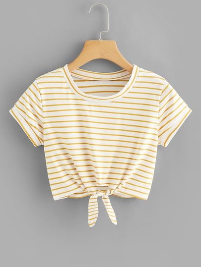 Knot Front Striped Crop Tee | SHEIN | Belly shirts, Cute crop tops .