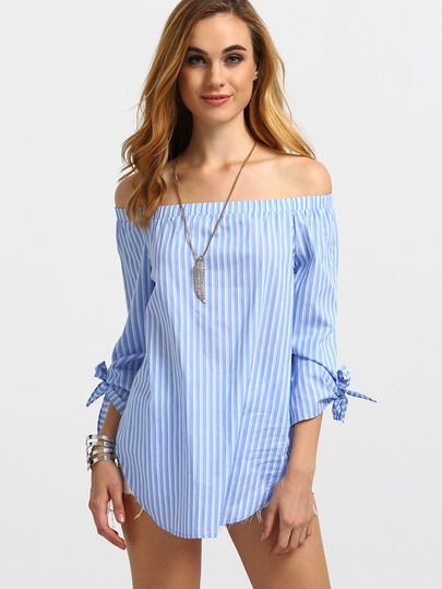 SHEIN Striped Off Shoulder Tie Cuff Blouse | Fashion, Tie cuff .