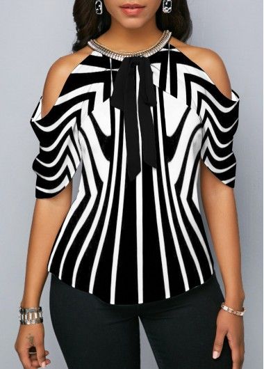 Embellished Neck Cold Shoulder Striped Blouse | Clothes, Cold .