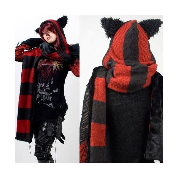 Red and Black Stripe Knit Cat Ear Hooded Gothic Punk Emo Winter .