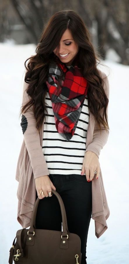 Stripes & Plaid Winter Outfit: Black and White Striped Shirt .