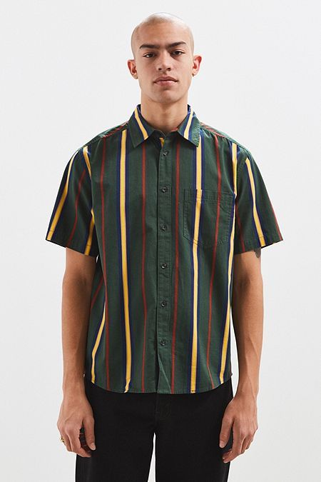 UO '90s Vertical Stripe Short Sleeve Button-Down Shirt | Men shirt .