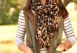 Olive Vest, Striped Shirt, Black Jeans and Leopard Scarf Outfit .