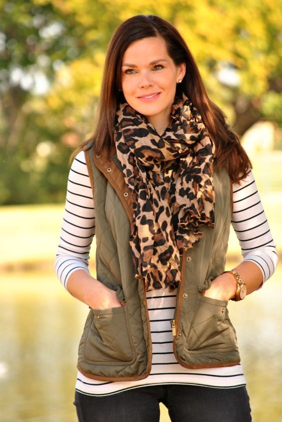 Olive Vest, Striped Shirt, Black Jeans and Leopard Scarf Outfit .