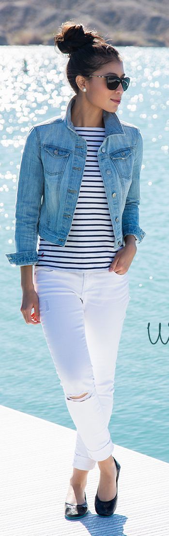 White Jeans Outfit | Stylish spring outfit, Fashion striped shirt .