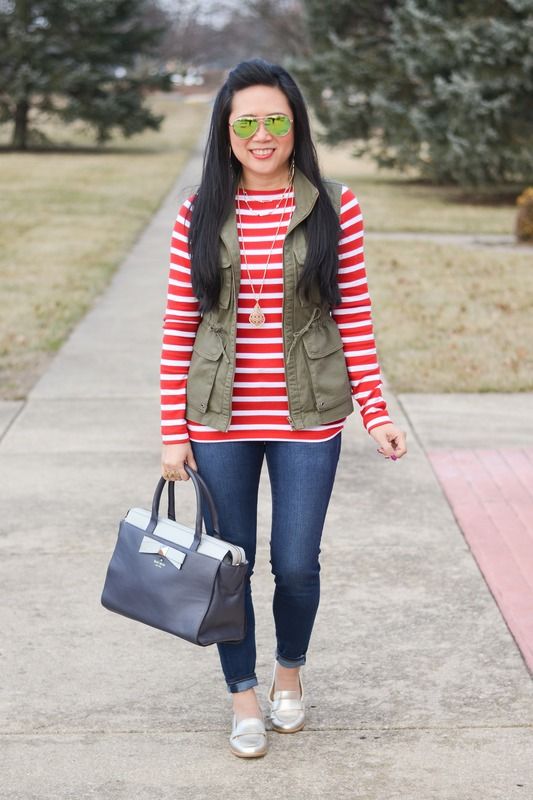 Gap boatneck stripe top, JCrew Factory utility vest, Naturalizer .