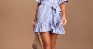 Out at Sea Blue Striped Ruffled Wrap Mini Dress | Mini wrap dress .