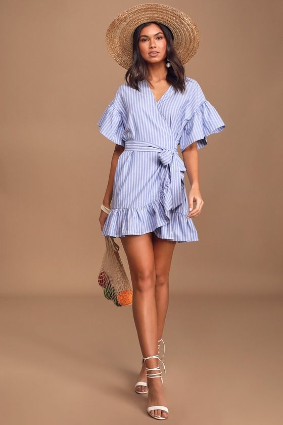 Out at Sea Blue Striped Ruffled Wrap Mini Dress | Mini wrap dress .