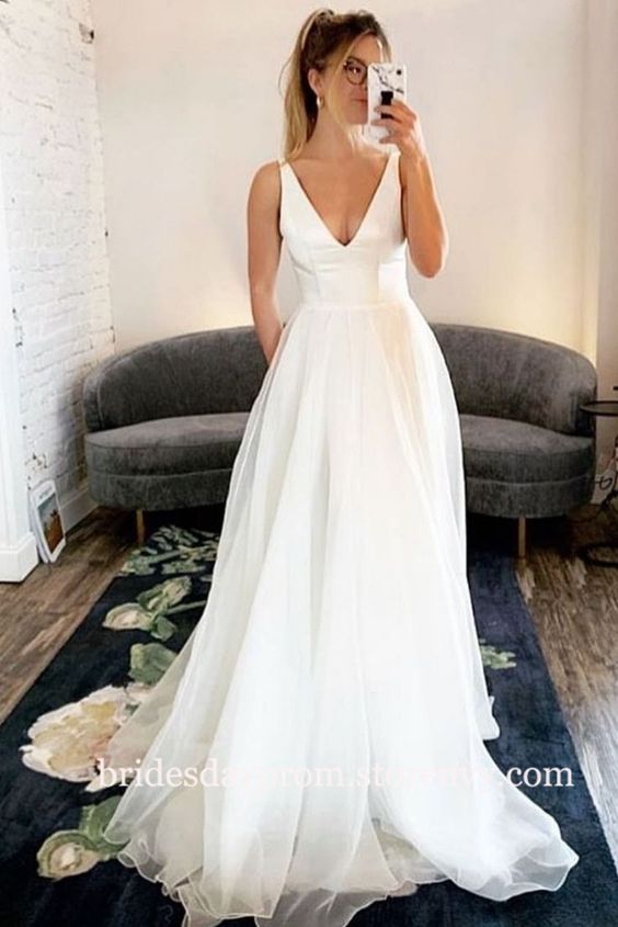 Elegant White v neck wedding dress with pockets,Romantic Back Open .