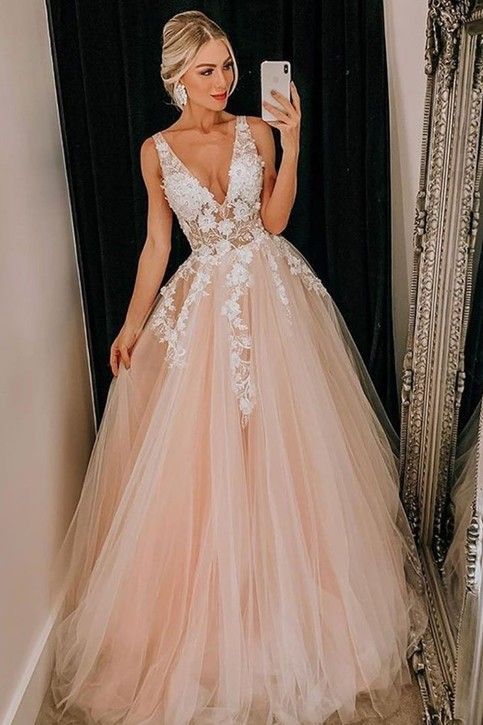 Sheer V-neckline Lace Blush Pink Wedding Dress Tulle Skirt | Blush .