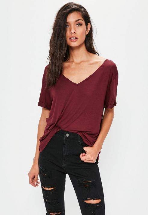 Burgundy Boyfriend V Neck T-Shirt #affiliatelink .