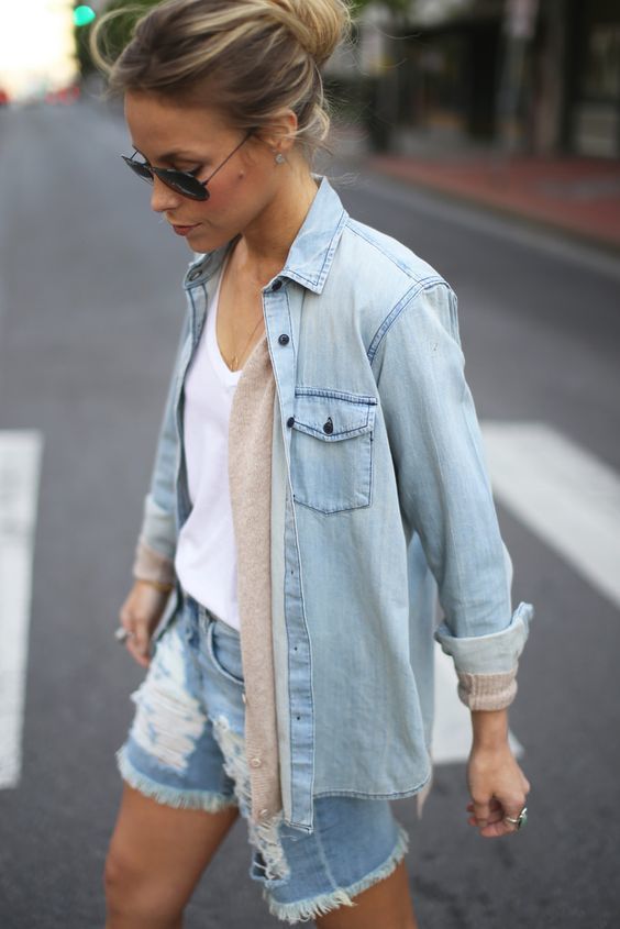 Women's Beige Cardigan, Light Blue Denim Shirt, White V-neck T .