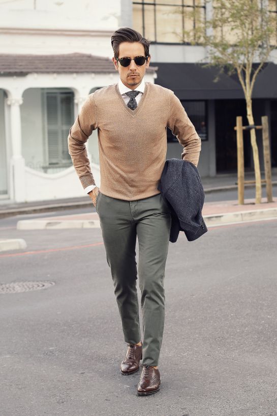 Tan v-neck knit + white dress shirt + gray printed tie + chinos + .