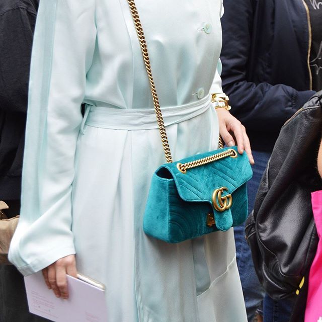 Velvet...nothing to say more.. Gucci Marmont Velvet Teal Blue Bag .