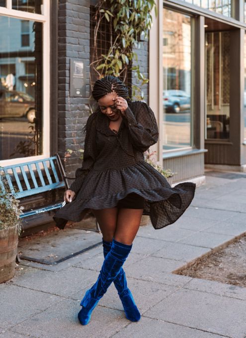 Blue Velvet Thigh High Boots + Black Dress | Velvet boots outfit .