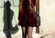 Women's Burgundy Velvet Skater Dress, Black Chunky Leather Ankle .