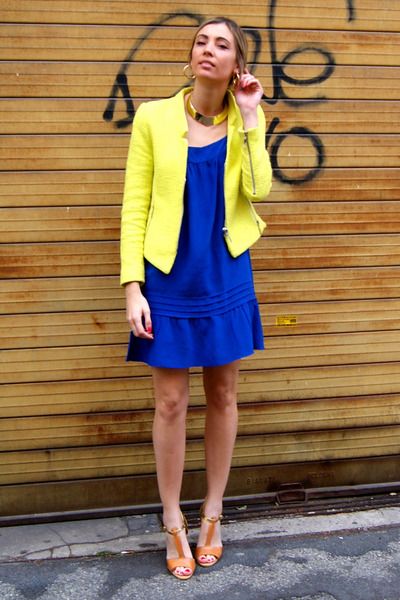 yellow Zara jacket - blue Massimo Dutti dress - light yellow .