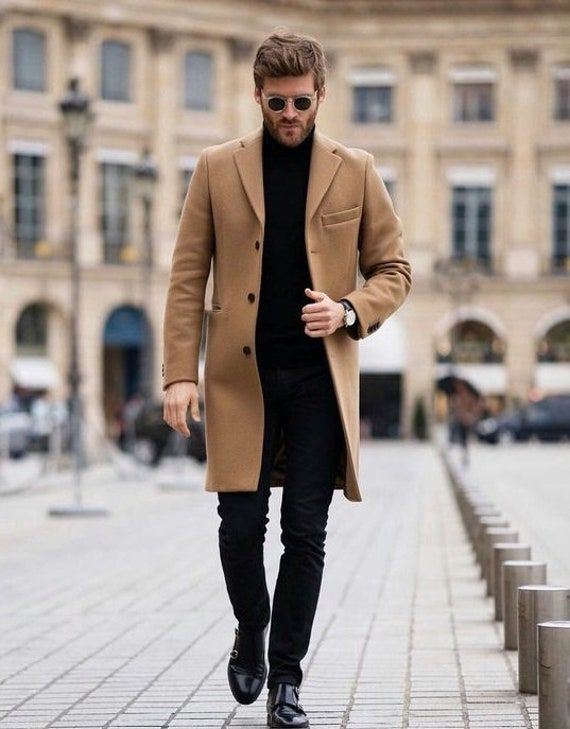 Men Trench Coat Peach Wool Winter Dinner Long Trench Overcoat .