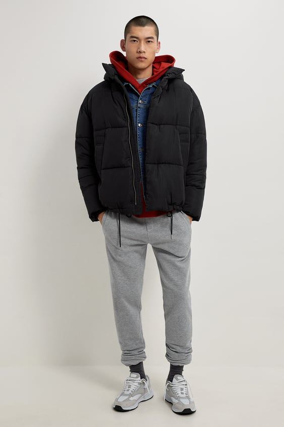 HOODED TECHNICAL JACKET | Mens puffer jacket, Mens layering .