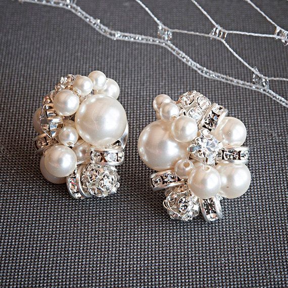 Pearl Cluster Bridal Earrings Rhinestone and Pearl Stud - Etsy .