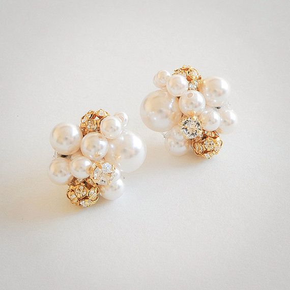 Gold Pearl Cluster Wedding Earrings Bridal Earrings - Etsy .