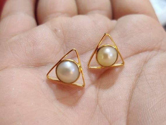 Natural Pearl Stud Earrings Unique 9k Sold Gold Handmade - Etsy .