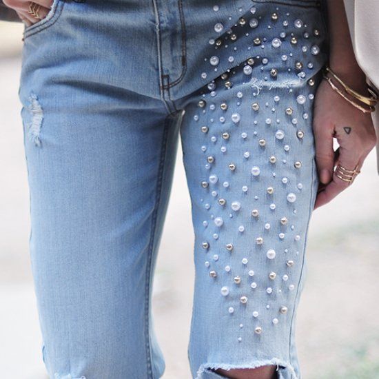 Upgrade an old pair of jeans with this fun DIY Pearl Embellished .