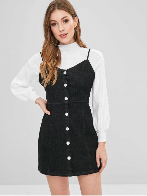 Cami Button Through Mini Denim Dress - BLACK M #ZAFUL #denimdress .