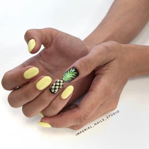 yellow and black nail art with pineapples | Pineapple nails .