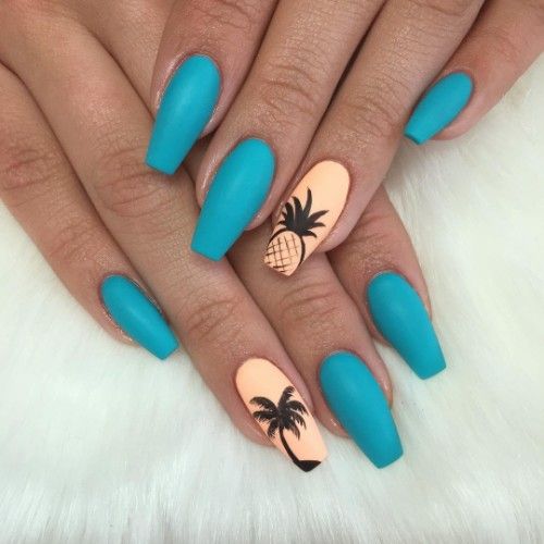Teal w/ Palm Trees & Pineapple | Pineapple nails, Pineapple nail .