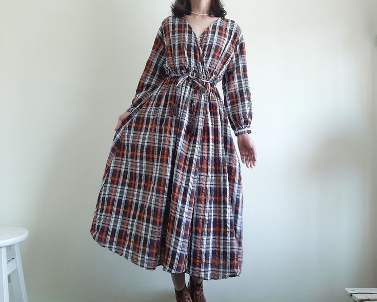 Vintage Brown Tartan Wrap Dress Gingham Dress Summer Plaid - Etsy .