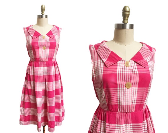 Vintage 1960s 1950s Pink White Plaid Dress Big Button Front - Et