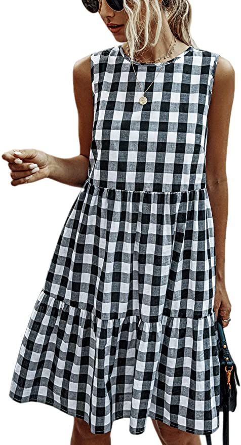 ECOWISH Women Dresses Plaid Sleeveless Summer Casual Sundress A .