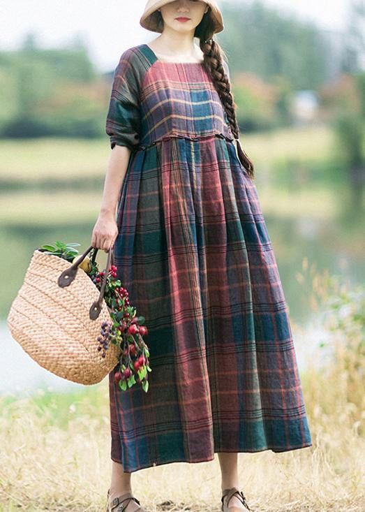Chic Red Plaid Clothes For Women Wrinkled Robe Spring Dress .