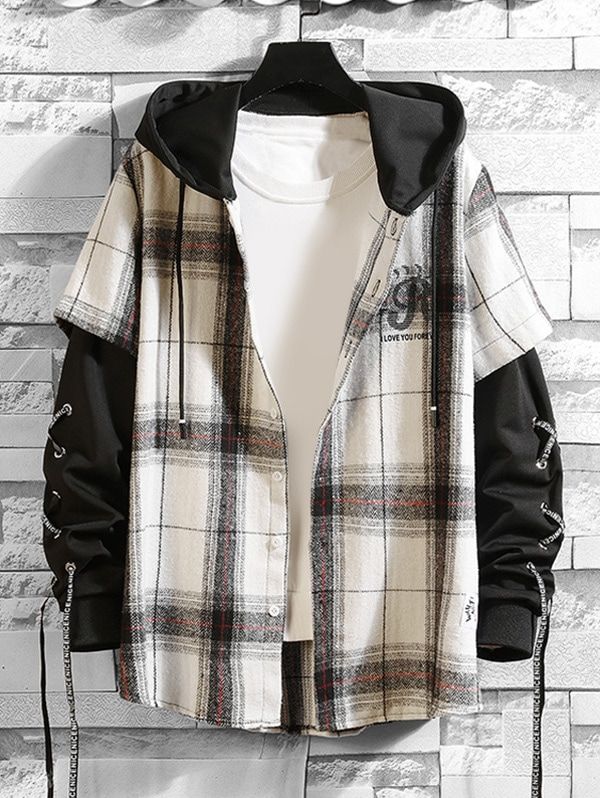 Letter Plaid Pattern Long-sleeved Hooded Jacket BLACK WHITE .