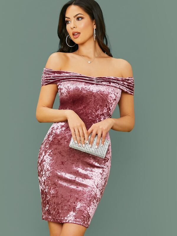 SHEIN Off Shoulder Velvet Bodycon Dress | Velvet bodycon dress .