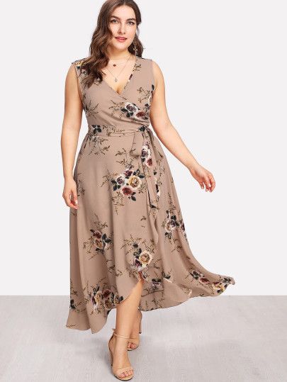 SHEIN Plus Flower Print Belted Wrap Dress | Floral plus size .