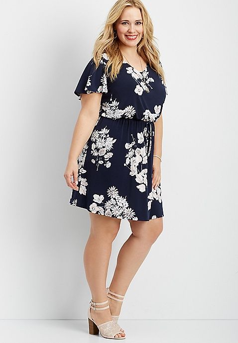 plus size floral print dress with strappy back and flowy sleeves .