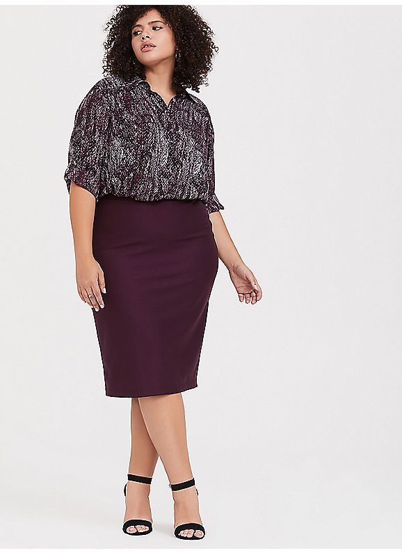 TORRID : Burgundy Purple Premium Ponte Relaxed Fit Pencil Skirt .