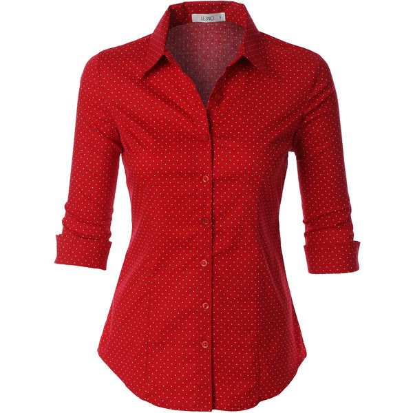 LE3NO Womens Polka Dots Button Down 3/4 Sleeve Tailored Shirt .