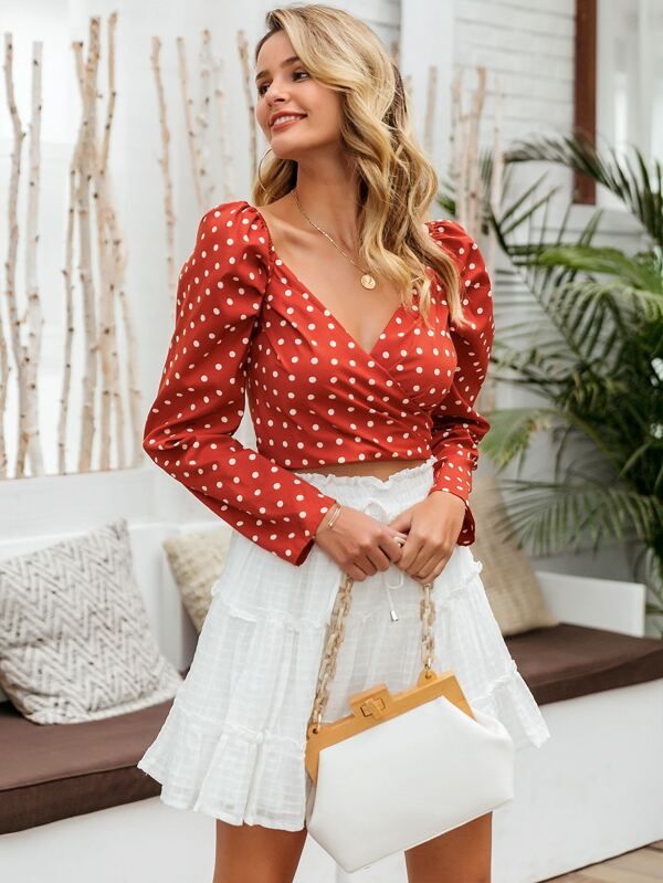 Simplee Zip Back Wrap Polka Dot Crop Top | Polka dot crop top .