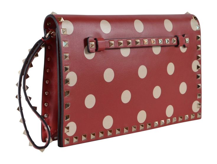 NEW Valentino Garavani Rockstud Polka Dot Leather Clutch Wristlet .