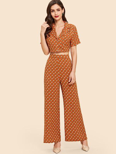 Polka Dot Top With Wide Leg Pants | Two piece outfits pants .