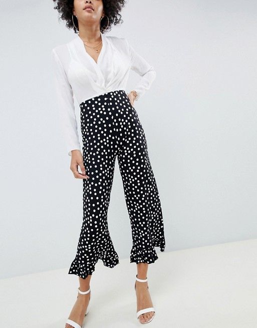 ASOS DESIGN cropped pants with fluted ruffle hem in spot print .