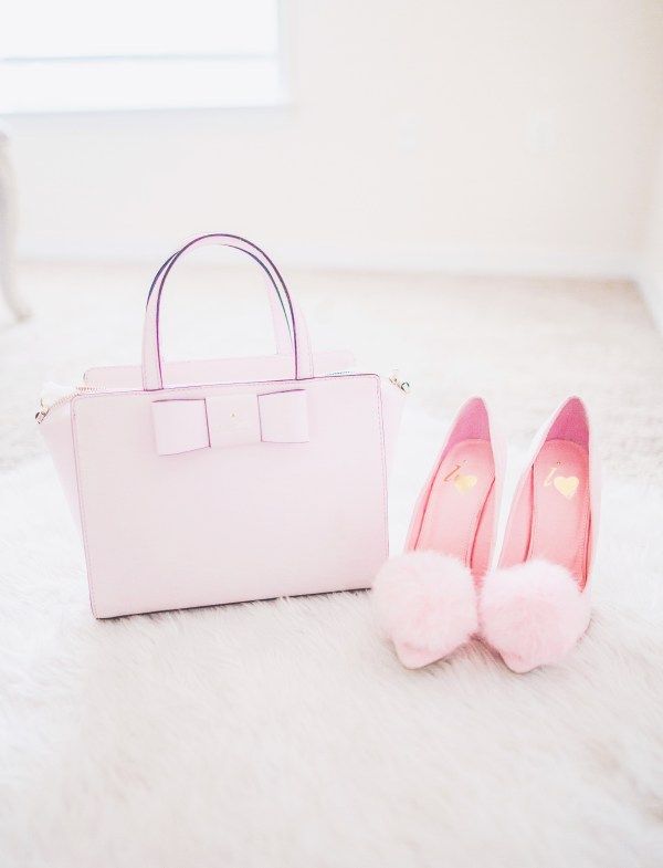 fit and flare dress, pink heels, pom pom heels, kate spade handbag .